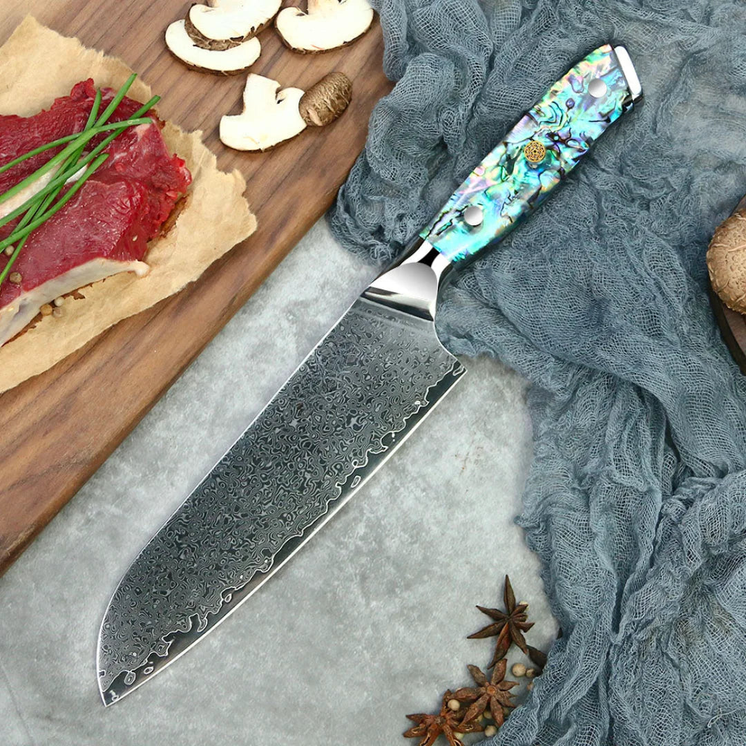 Faca Profissional 100% em Aço Damasco VG10 • Faca "Santoku" Emerald